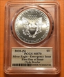 2020-(S) $1 Silver Eagle - Emergency Issue Struck at San Francisco FDI Naismith Private Coll MS70