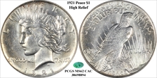 1921 $1 High Relief, Peace MS62