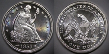 1853-o $1 "1853-O Arrows & Rays" Seated Liberty over-strike, on 1840-1873 Silver Dollar BU PL