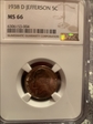 1938-D 5C JEFFERSON NICKEL MS 66