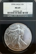 1998 $1 Silver American Eagle NGC # 3683546-185 MS69 