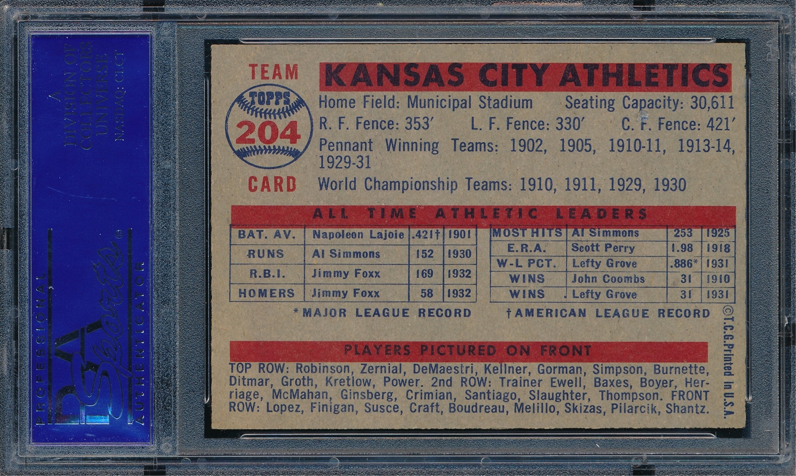 Kansas City Athletics Team Baseball Cards