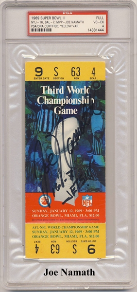 1969 Super Bowl III Ticket Stub PSA EX-MT 6 - Namath Guarantee