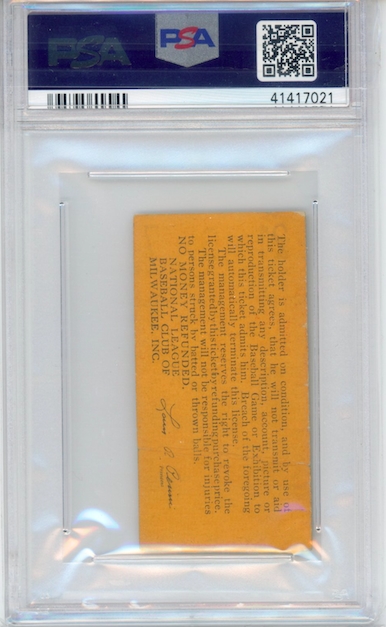 PSA 1.5 1954 Milwaukee Braves Ticket Hank Aaron Two Hits & One Run