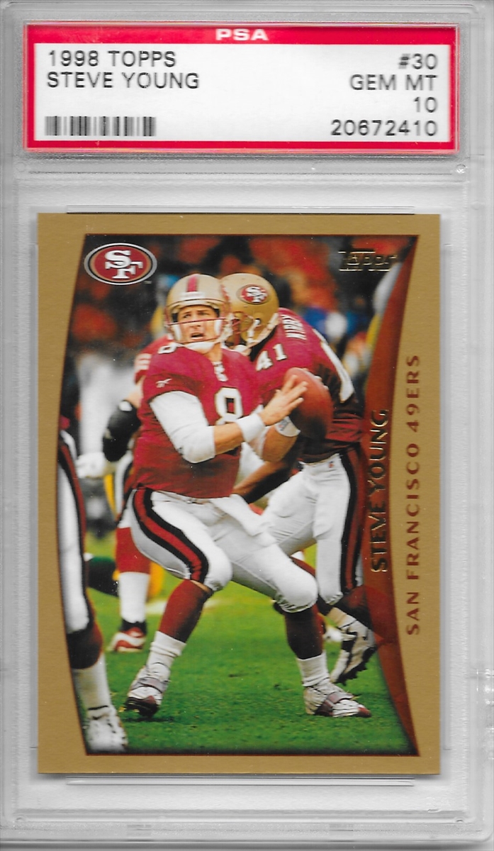 Steve Young 2021 Panini Mosaic Fusion Rouge Jaune Carte signée #299 Auto  PSA 10