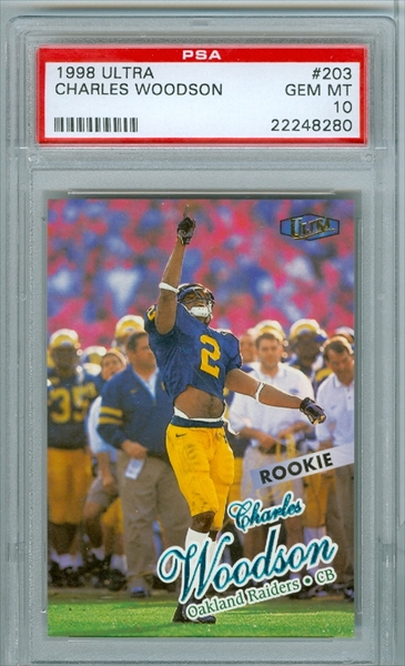 1998 BOWMAN CHARLES WOODSON #181 ROOKIE RC OAKLAND RAIDERS HOF PSA 7 NM  60838882 - AA Mint Cards