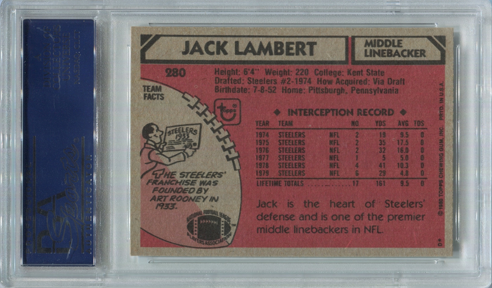 : 1980 Topps # 280 Jack Lambert Pittsburgh Steelers