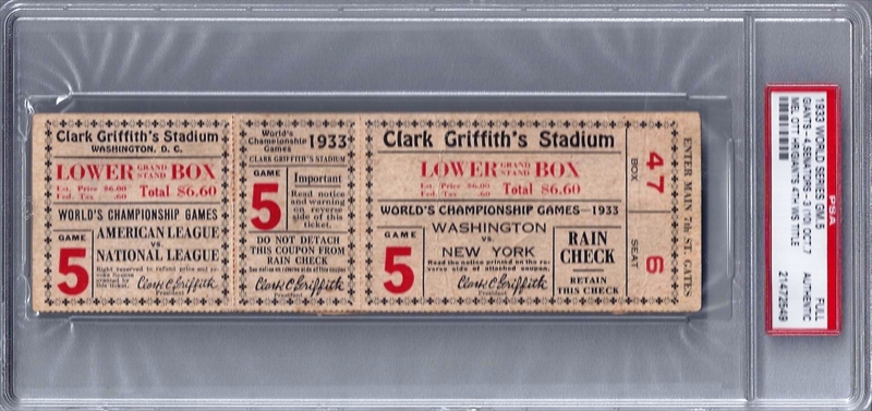 1926 World Series Game Seven Ticket Stub, PSA Authentic.