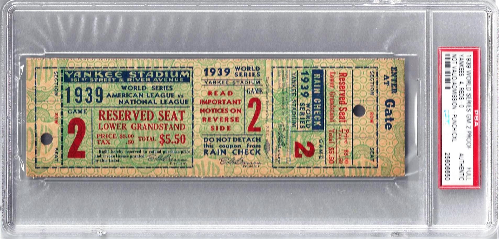 1926 World Series Game Seven Full Ticket, PSA Authentic.