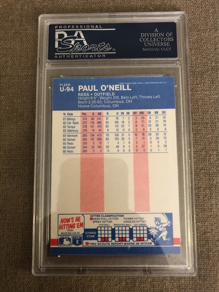 PAUL O'NEILL 1987 FLEER CARD U-94 CINCINNATI REDS/YANKEES