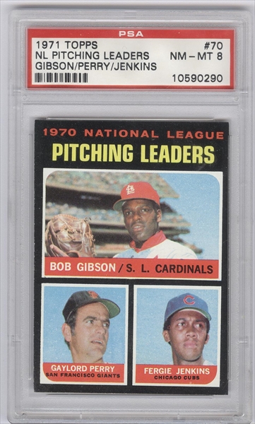 1971 Topps # 70 NL Pitching Leaders Bob Gibson/Fergie Jenkins/Gaylord Perry  Cardinals/Giants/Cubs (Baseball Card) EX Cardinals/Giants/Cubs