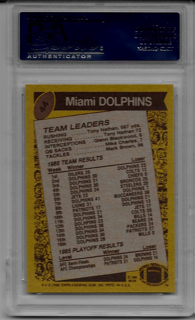 Football - 1986 Topps Miami Dolphins: Kelly's 1986 Topps Miami