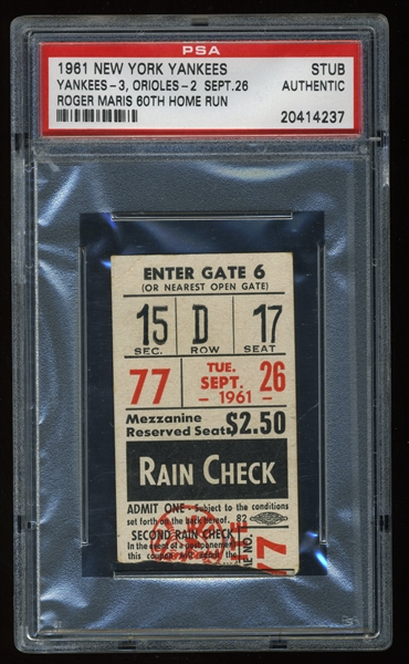 1978 Yankees vs. Red Sox Bucky Dent Home Run Game Ticket Stub, PSA