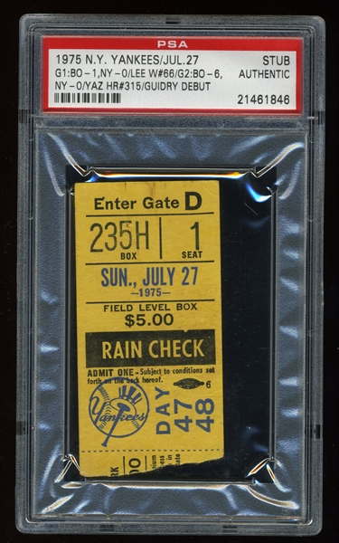 1978 Yankees vs. Red Sox Bucky Dent Home Run Game Ticket Stub, PSA