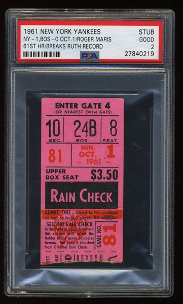 1978 Yankees vs. Red Sox Bucky Dent Home Run Game Ticket Stub, PSA